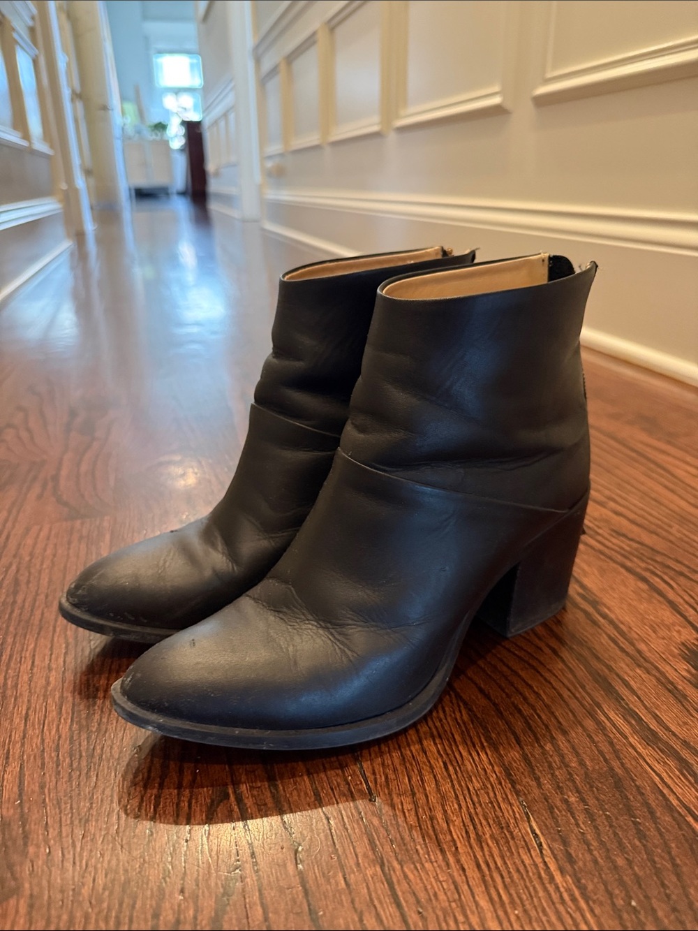 Nisolo Black Leather Ankle Booties with Block Heel
